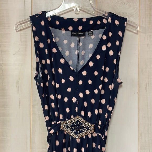 Nina Leonard Navy Pink Polka Dot V Neck Maxi Dress Beaded Accent, Sz M - Picture 1 of 7